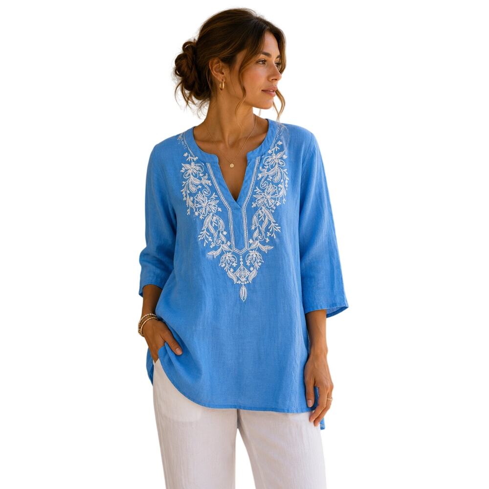 Chico's Linen Top Embroidered Blue Tunic Blouse White Boho XL Weekend